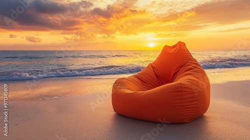 Orange bean bag chair on beach during sunset