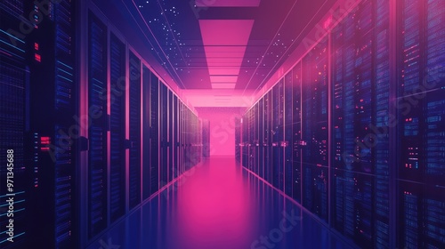 A long hallway of server racks with pink and blue lighting.