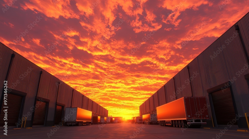 Obraz premium Stunning sunset illuminating a warehouse loading area, featuring trucks and dramatic sky with vibrant colors.