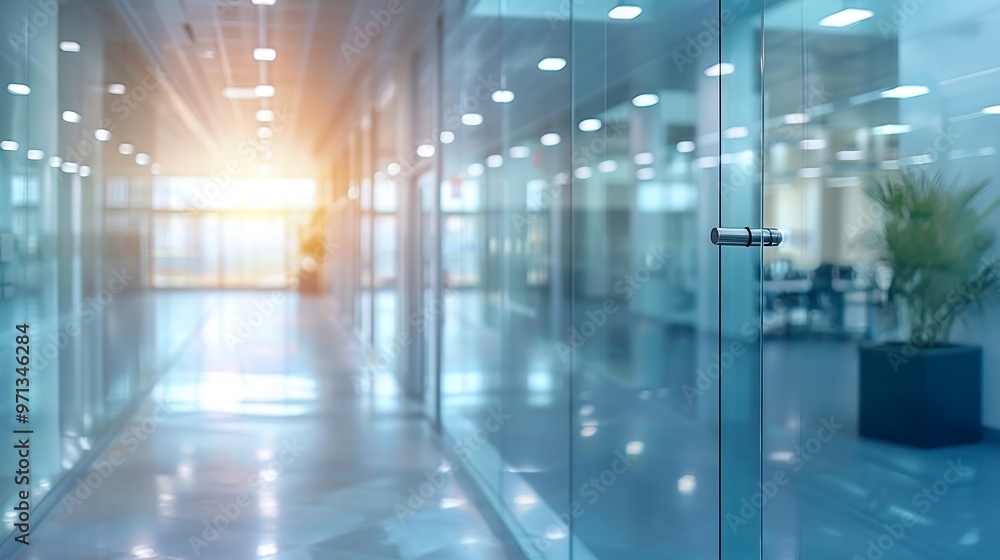 Beautiful architecture design of corridor hall in modern indoor interior workplace office hospital with glass window partition, blurred meeting open room inside with light center building department Beautiful architecture design of corridor hall in modern indoor interior workplace office hospital with glass window partition, blurred meeting open room inside with light center building department