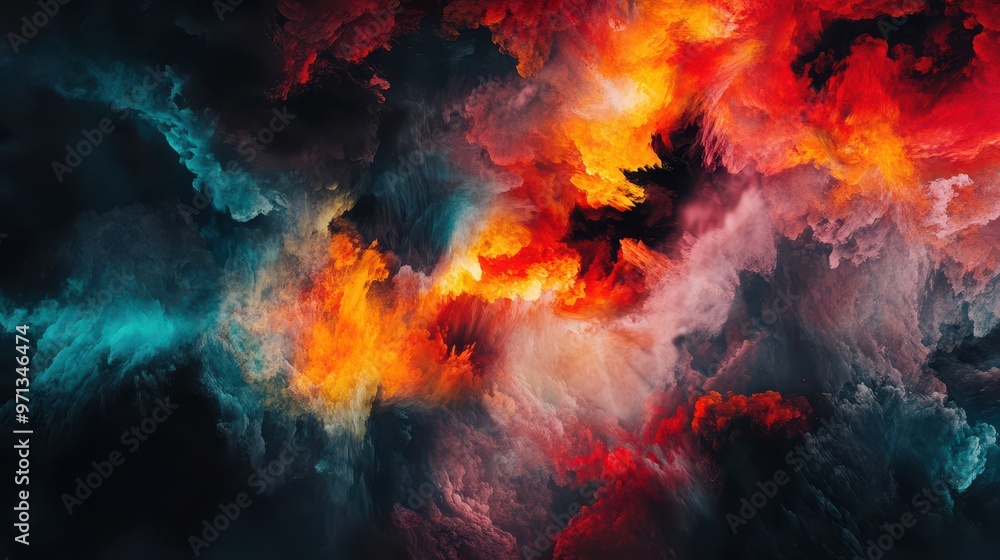 Surreal transition of fiery colors blending into dark hues, creating an abstract color explosion Surreal transition of fiery colors blending into dark hues, creating an abstract color explosion