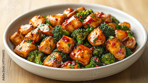 Chicken and Broccoli Stir-Fry, featuring tender chicken pieces and vibrant green broccoli in a glossy, savory sauce, arranged artfully on a white plate with garnishes 