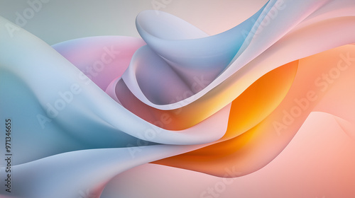 Smooth, flowing abstract curves in soft pastel shades of blue, pink, orange, and yellow blend together seamlessly. The image evokes a sense of fluidity and gentle movement with soft gradients. photo