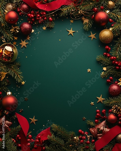 A festive wreath of evergreen branches adorned with ornaments and ribbons for Christmas celebration preparation