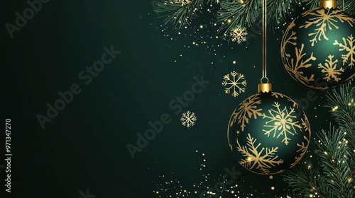 Decorative green and gold Christmas ornaments hanging against a dark background with shimmering snowflakes and pine branches