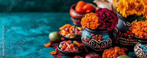 Colorful pots filled with marigold flowers and fruits create a vibrant festive atmosphere, perfect for celebrations and decorations.