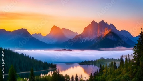 Beautiful scenery of a tranquil mountain range at sunrise, with mist gently rolling over the peaks and a serene