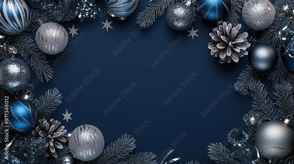Elegant winter decoration with silver and blue ornaments surrounded by pine branches on a deep navy background Elegant winter decoration with silver and blue ornaments surrounded by pine branches on a deep navy background