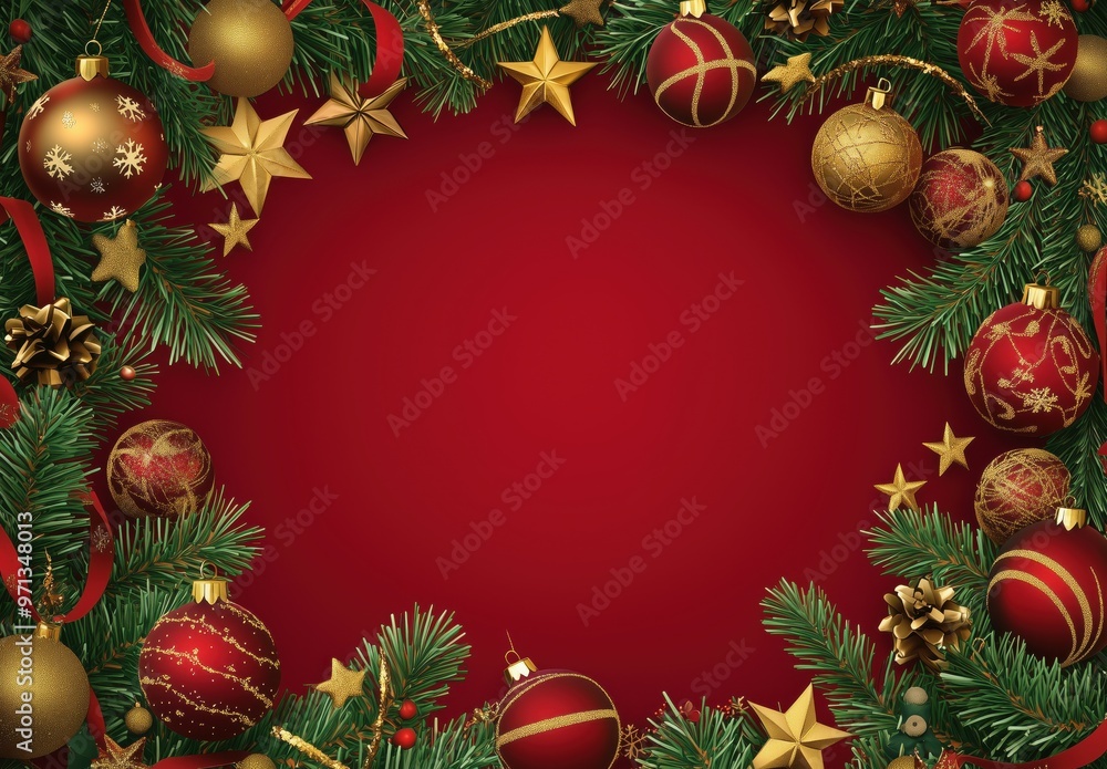 Elegant holiday decorations featuring red and gold ornaments amidst lush green pine branches on a festive red background Elegant holiday decorations featuring red and gold ornaments amidst lush green pine branches on a festive red background