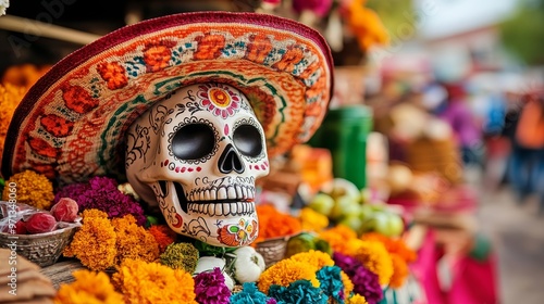 Colorful sugar skull adorned with flowers and a sombrero, celebrating culture and tradition at a vibrant festival.