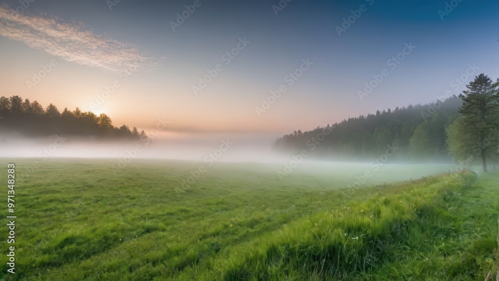 A serene landscape at dawn with mist over a grassy field and trees in the background. A serene landscape at dawn with mist over a grassy field and trees in the background.