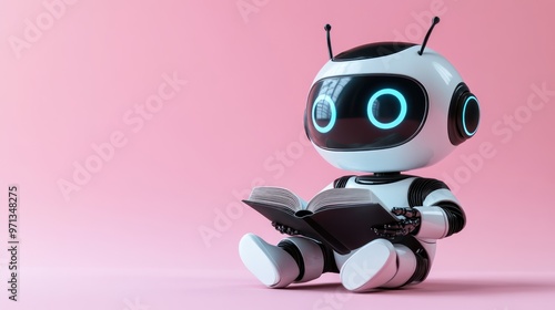 3D chat bot. Robot sits and reads books on pastel background