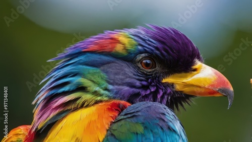 A close-up of a vibrant, multicolored bird showcasing its beautiful feathers.