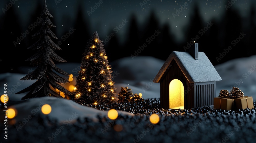 Fototapeta premium A cozy winter scene featuring a glowing house, decorated tree, and sparkling lights in a snowy landscape.