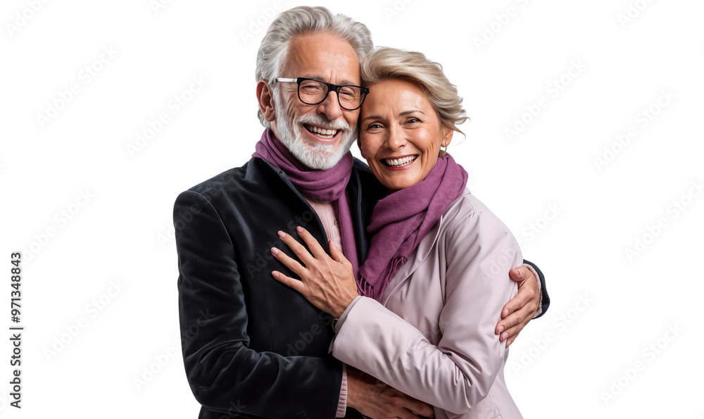 Portrait of a happy, smiling senior couple hugging each other, isolated on transparent background Portrait of a happy, smiling senior couple hugging each other, isolated on transparent background