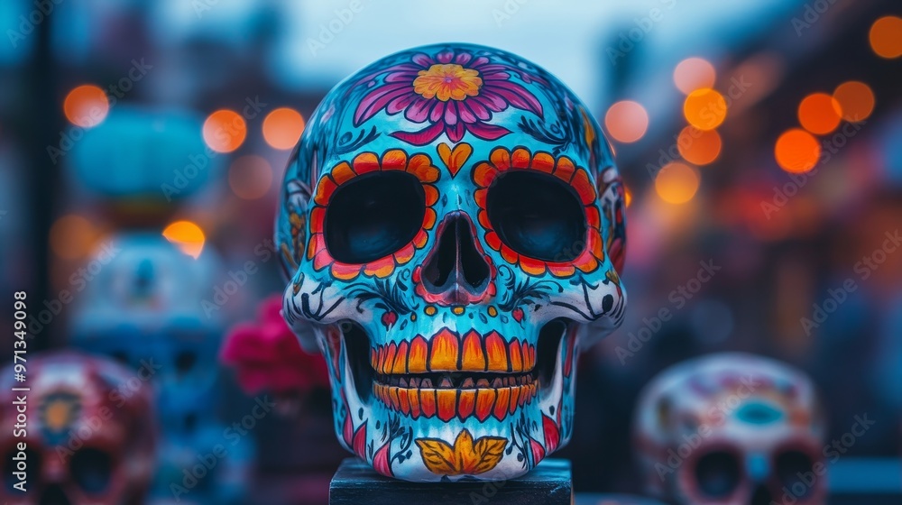 Vibrant decorative skull with intricate designs, symbolizing art and culture, set against a blurred background of lights. Vibrant decorative skull with intricate designs, symbolizing art and culture, set against a blurred background of lights.