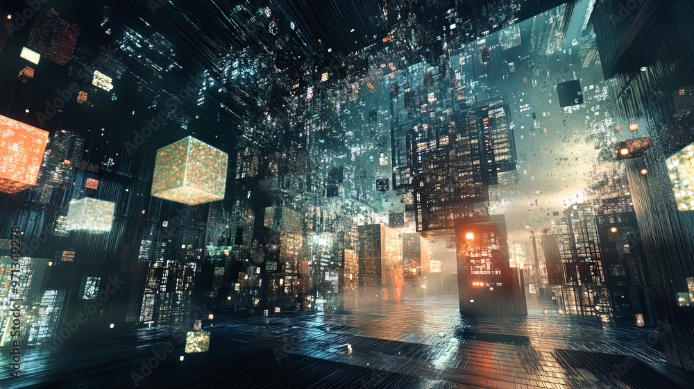 Digital Cityscape: A Futuristic Metropolis of Glowing Cubes Digital Cityscape: A Futuristic Metropolis of Glowing Cubes