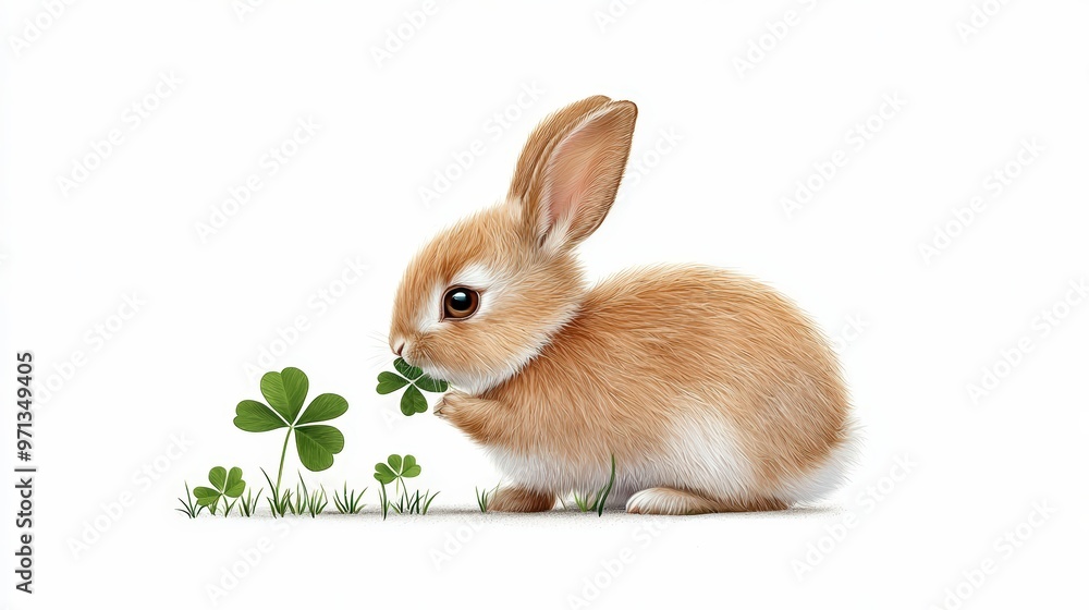 Obraz premium A cute rabbit munching on clover leaves, symbolizing spring and nature's beauty in a serene environment.