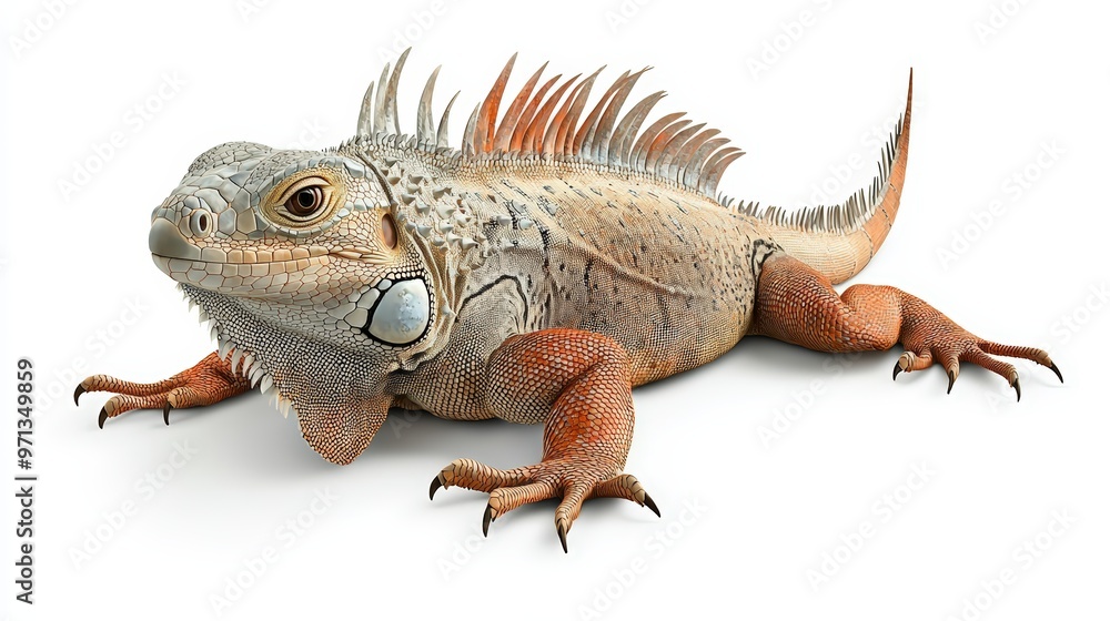 Obraz premium A detailed close-up of a vibrant iguana displaying intricate textures and colors, showcasing its unique features and posture.