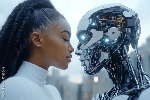 Biohacking bioinformatics digital neuroarchitecture human machine symbiosis and quantum algorithms woman facing a robot in a futuristic environment highlighting human machine interaction photo