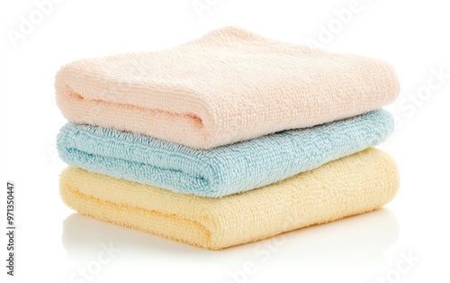 A set of soft, colorful towels stacked neatly. Perfect for bathroom decor, spa, or household use.