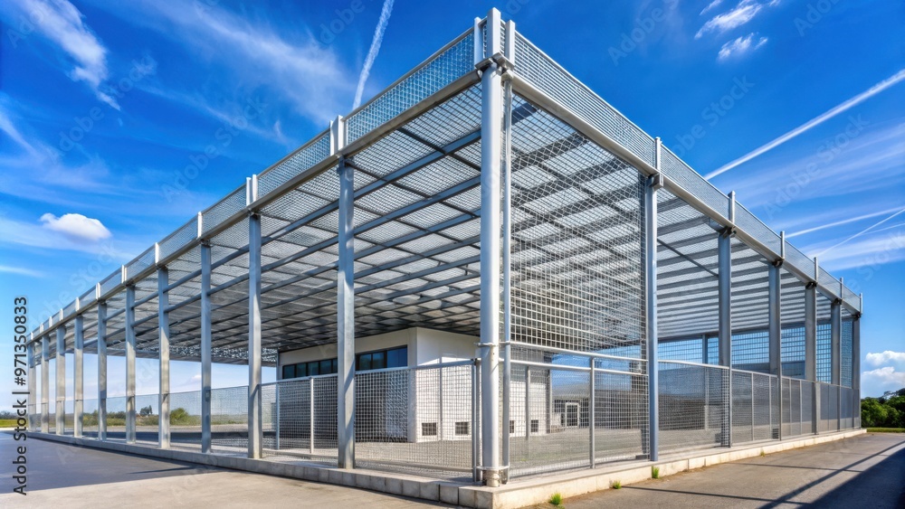 Obraz premium Steel-clad industrial building with lattice structure, gray galvanized nets, and a silver background, contrasting with blue sky and terrace pergola in the foreground