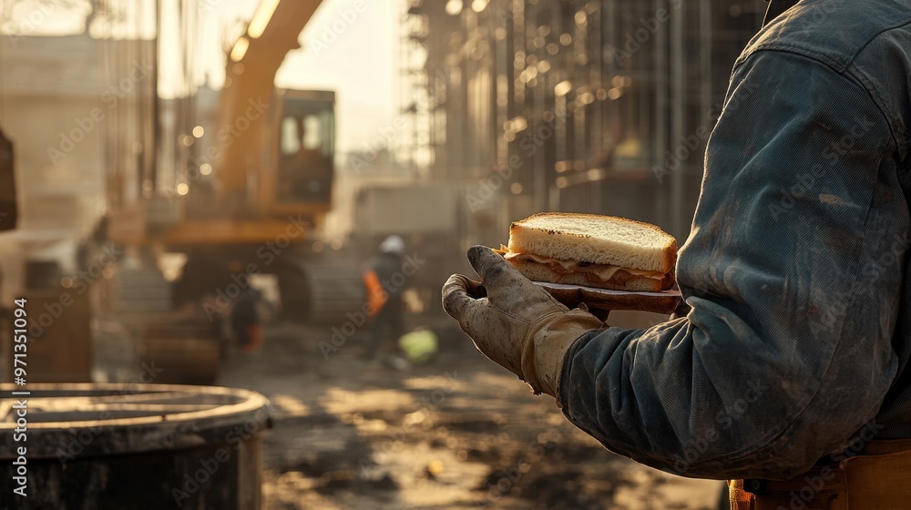 Sandwich in hand, engineer worker takes a break on a bustling construction site with ongoing work and machinery in the background Sandwich in hand, engineer worker takes a break on a bustling construction site with ongoing work and machinery in the background