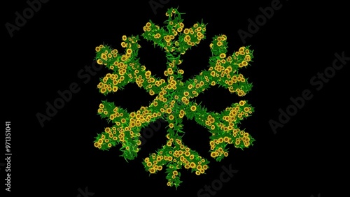 Beautiful illustration of snowflake shape with green leaves and yellow daisy flowers on plain black background