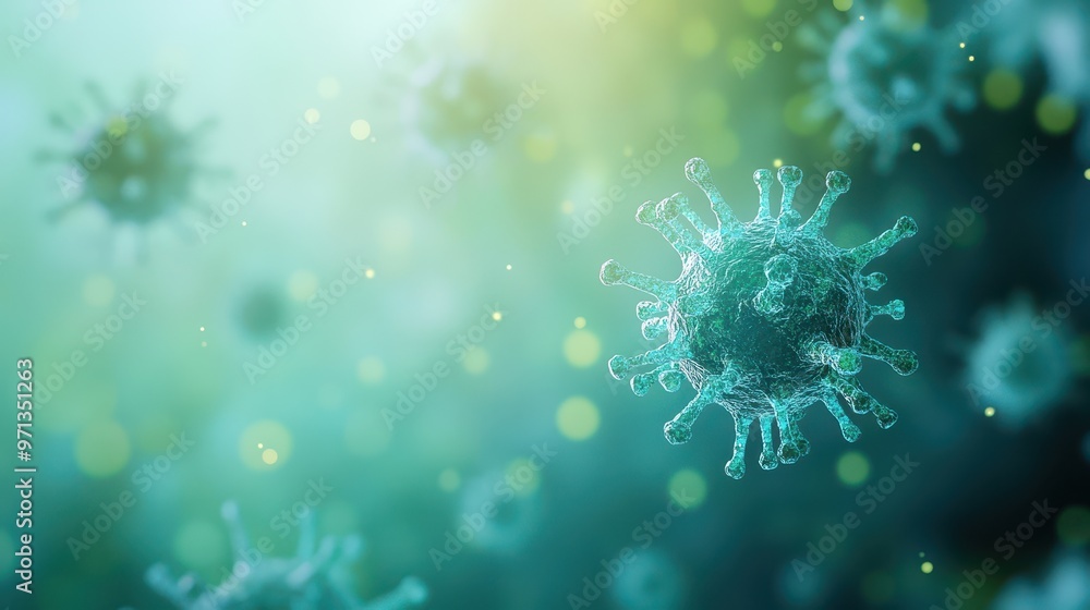 Virus-like digital particles entering a virtual environment, close-up view, depth of field effect, blurred soft blue and green background, resembling biological cells. Virus-like digital particles entering a virtual environment, close-up view, depth of field effect, blurred soft blue and green background, resembling biological cells.