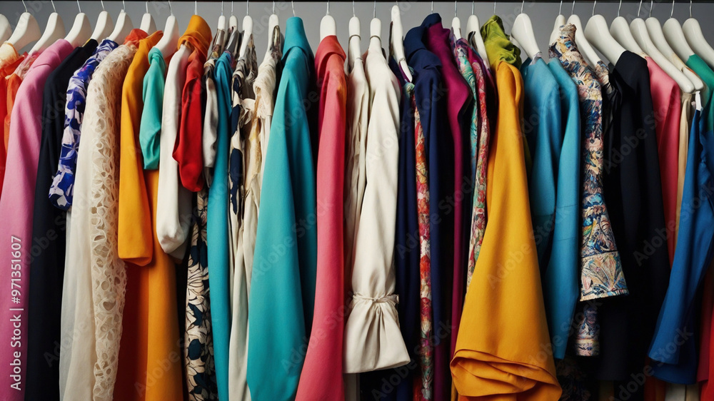 A stunning selection of colorful women's clothing in a perfectly organized wardrobe, showcasing endless fashion options. A stunning selection of colorful women's clothing in a perfectly organized wardrobe, showcasing endless fashion options.