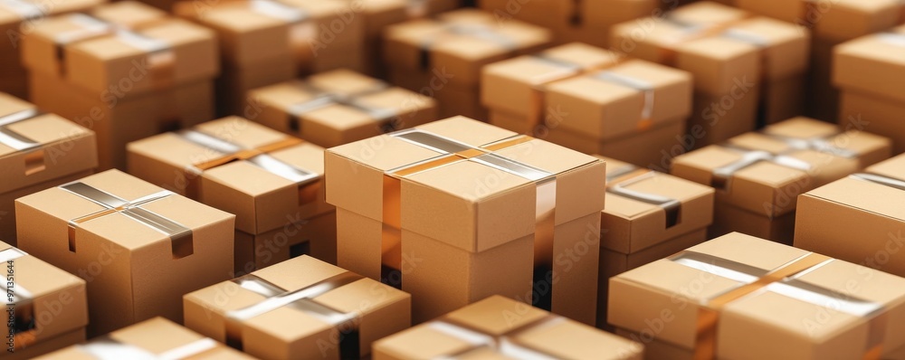 A collection of stacked cardboard boxes with ribbons, ideal for packaging, shipping, and logistics concepts. A collection of stacked cardboard boxes with ribbons, ideal for packaging, shipping, and logistics concepts.