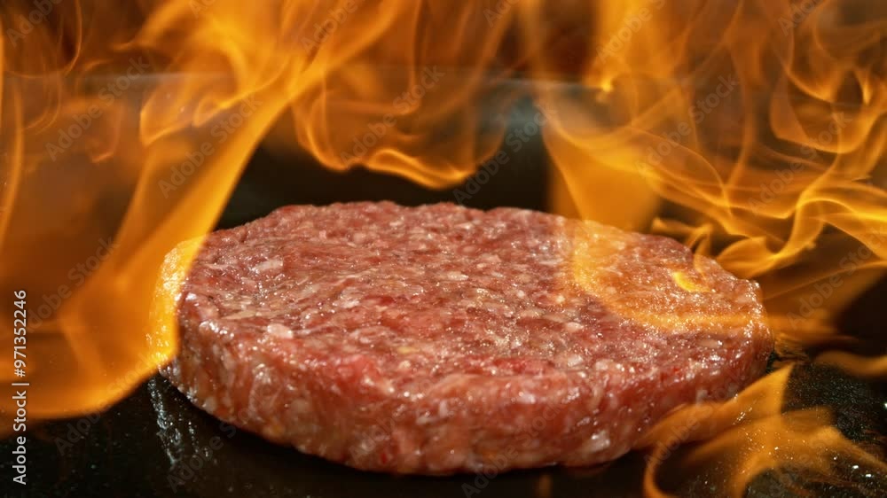 Super Slow Motion of Flying Raw Beef Hamburger Minced Meat on Pan with Fire. Filmed on High Speed Cinema Camera, 1000 fps. Super Slow Motion of Flying Raw Beef Hamburger Minced Meat on Pan with Fire. Filmed on High Speed Cinema Camera, 1000 fps.