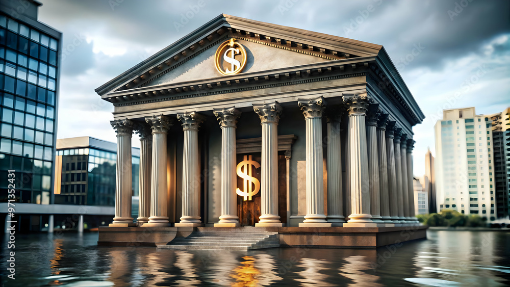 Fototapeta premium Isolated Vector Illustration of a Bank Building with a Floating Dollar Sign on White Background - Emphasizing Financial Security, Profits, and Wealth Management
