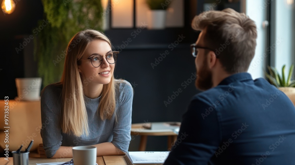 Male and female employees talking to each other discussing ideas and planning on architectural project Male and female employees talking to each other discussing ideas and planning on architectural project