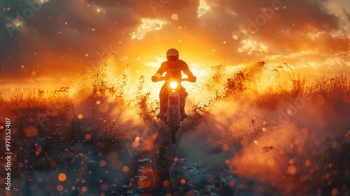 Motocross rider splashes through a river on a muddy dirt track, emphasizing speed, action, and dynamic motion.