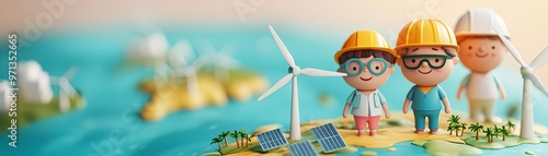 3D cartoon characters rolling out green energy plans, with wind turbines and solar panels expanding across a map photo