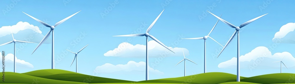 3D cartoon wind turbines multiplying across a landscape, with investors discussing expansion and green energy opportunities 3D cartoon wind turbines multiplying across a landscape, with investors discussing expansion and green energy opportunities