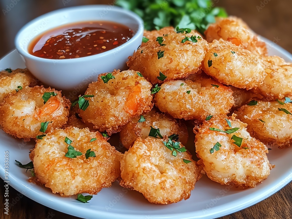 A plate of Thaistyle crispy shrimp cakes served with a tangy sauce, Thai shrimp cakes, seafood appetizer A plate of Thaistyle crispy shrimp cakes served with a tangy sauce, Thai shrimp cakes, seafood appetizer