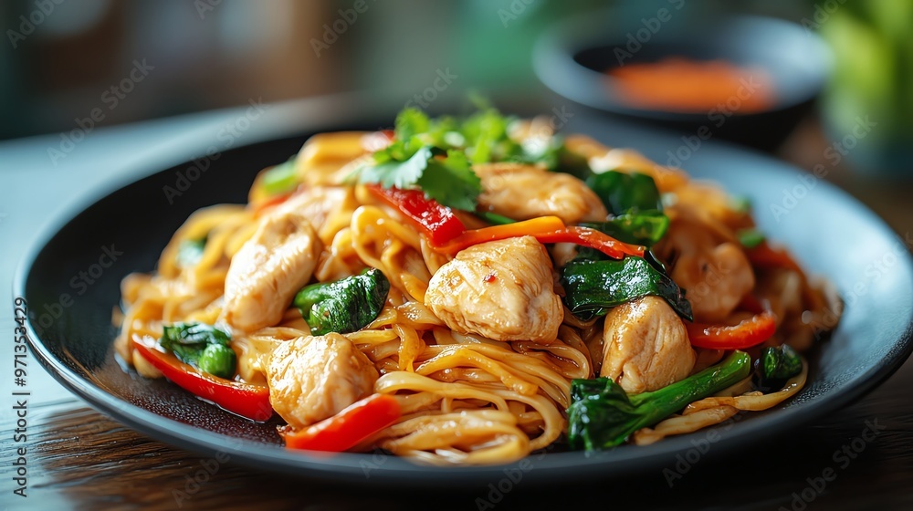 A plate of Thaistyle stirfried noodles with chicken and vegetables, Thai stirfried noodles, comfort food A plate of Thaistyle stirfried noodles with chicken and vegetables, Thai stirfried noodles, comfort food