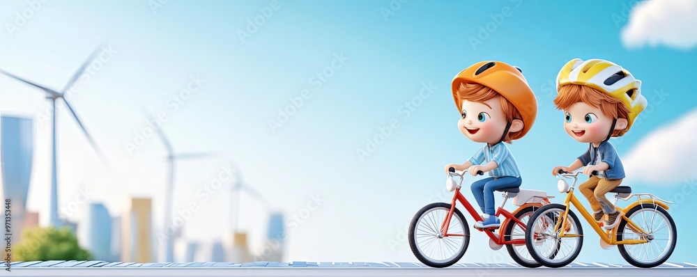 Cartoon characters in 3D style riding bicycles through a city powered by wind turbines and solar panels, symbolizing green partnerships for sustainability Cartoon characters in 3D style riding bicycles through a city powered by wind turbines and solar panels, symbolizing green partnerships for sustainability