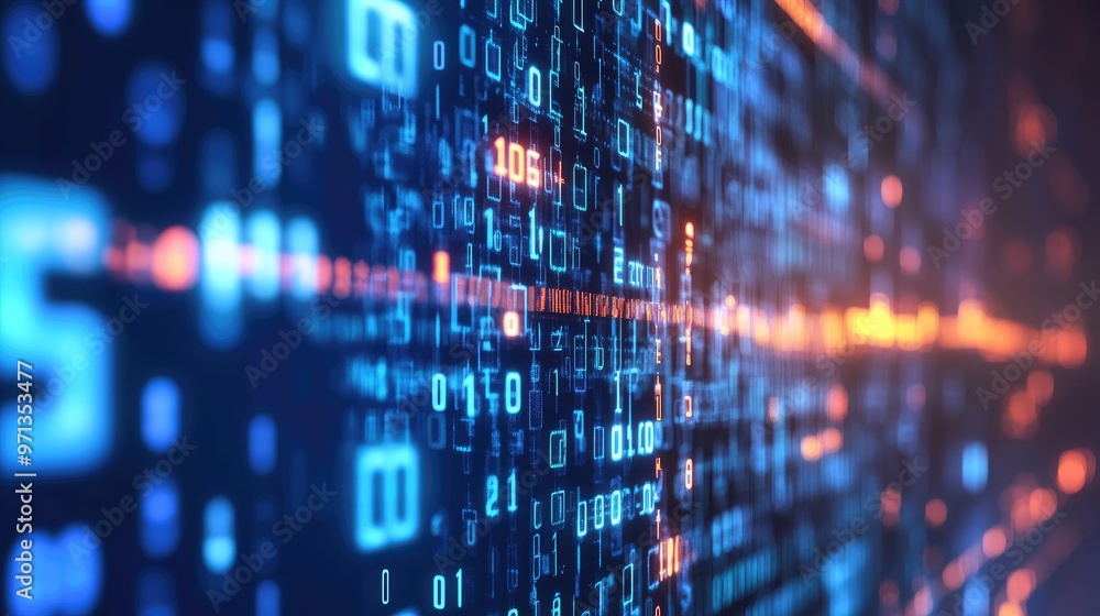 A futuristic digital background of binary code in blue and orange. A futuristic digital background of binary code in blue and orange.
