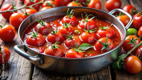 A close-up of fresh tomatoes simmering in a rich tomato sauce