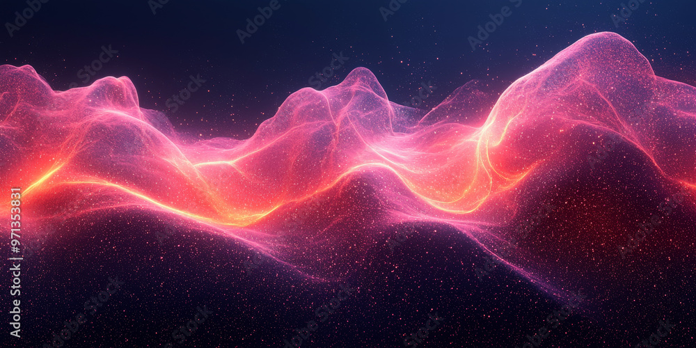Fototapeta premium Abstract pink and orange waves with glowing particles.