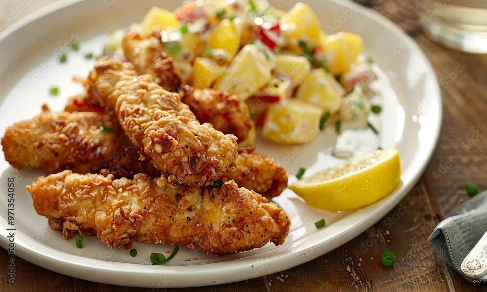 Golden fried chicken strips with potato salad garnish on white plate lemon wedge Golden fried chicken strips with potato salad garnish on white plate lemon wedge