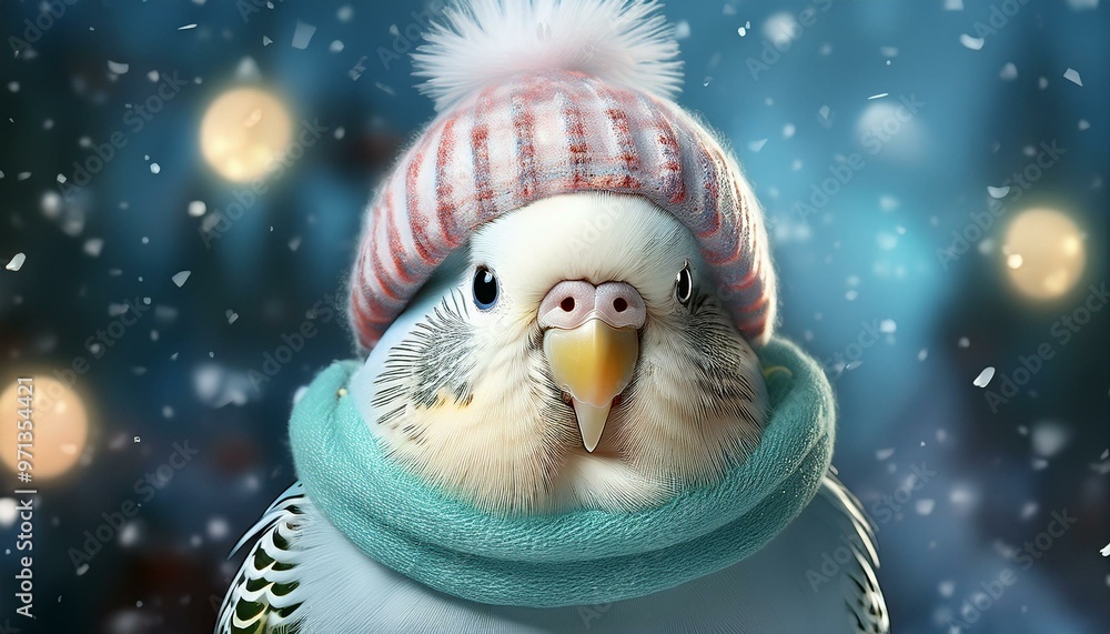 Obraz premium Budgie with winter hat and scarf prepares for winter