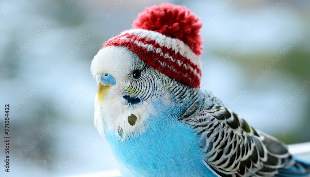 Obraz premium Budgie with winter hat and scarf prepares for winter