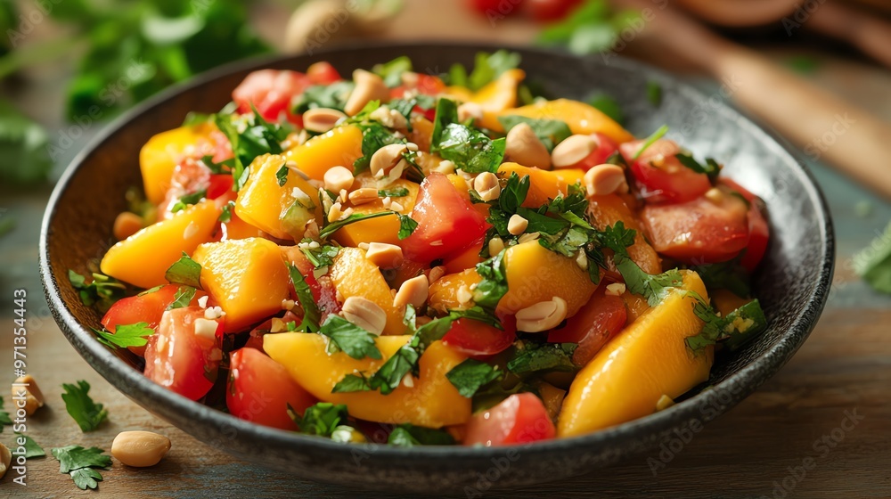 Closeup of a Thai mango salad with fresh herbs and peanuts, Thai mango salad, tropical Thai dish Closeup of a Thai mango salad with fresh herbs and peanuts, Thai mango salad, tropical Thai dish