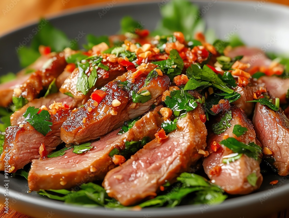 Closeup of Isaanstyle spicy duck salad with fresh herbs, Isaan duck salad, zesty dish Closeup of Isaanstyle spicy duck salad with fresh herbs, Isaan duck salad, zesty dish