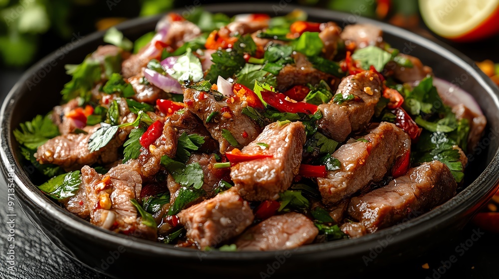 Closeup of Nam Tok grilled meat salad with fresh herbs, chili, and lime, Nam Tok, Isaan spicy dish Closeup of Nam Tok grilled meat salad with fresh herbs, chili, and lime, Nam Tok, Isaan spicy dish