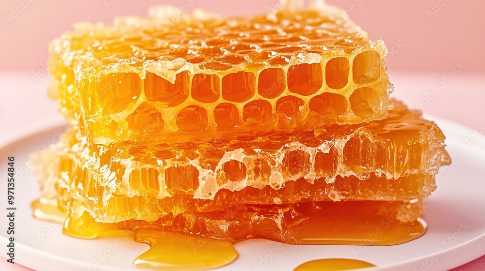 Golden honeycomb dripping with fresh honey on a plate